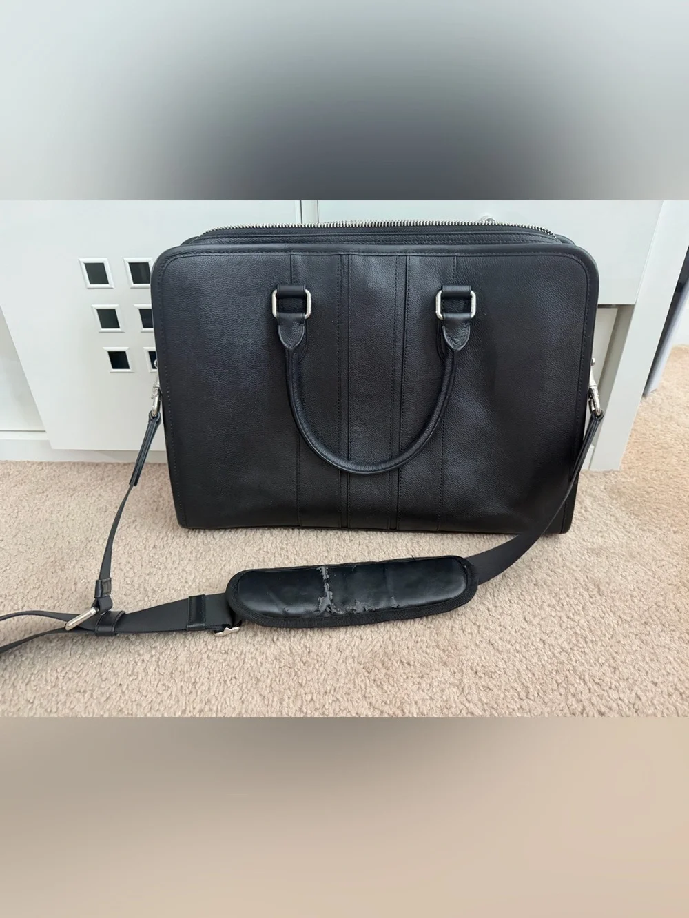 Black Leather Briefcase with Shoulder Strap - Men